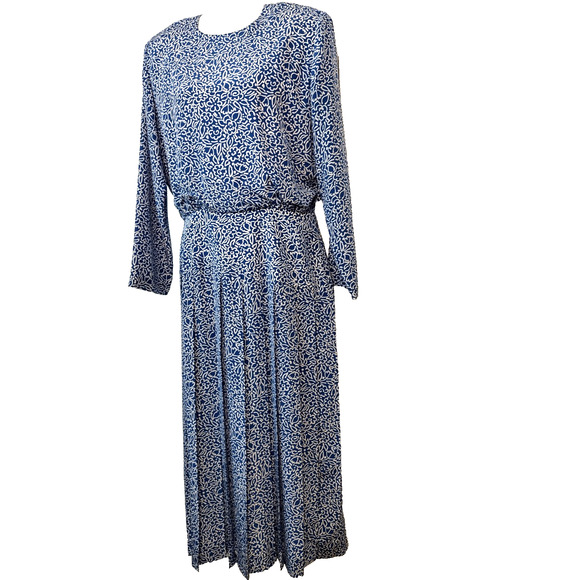 Talbots Dress Blue Floral Dropwaist Pleated Midi Long Sleeves Button Back 12 - Picture 6 of 14